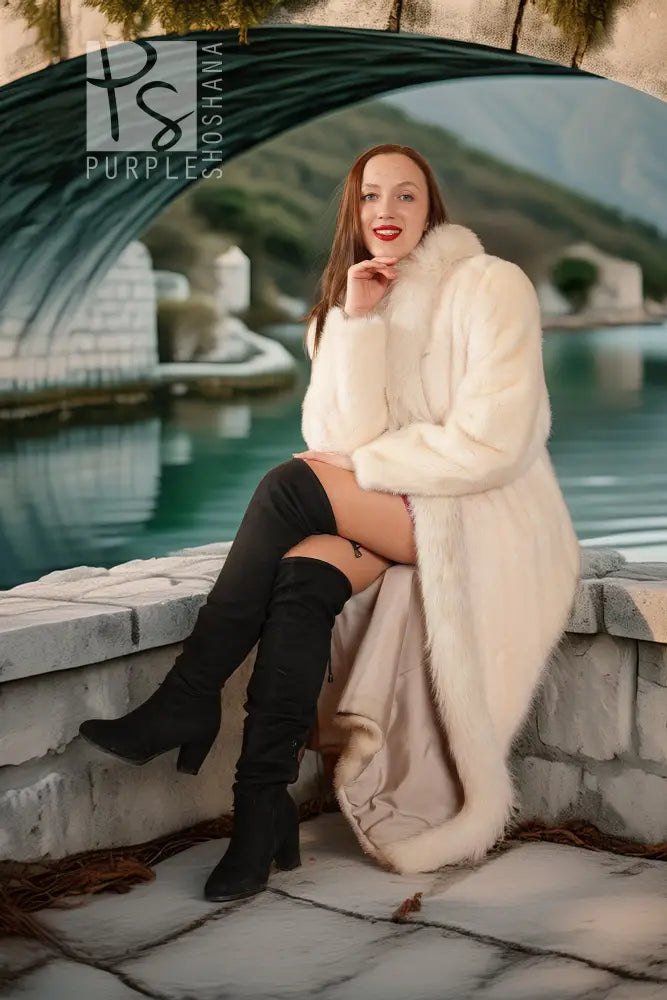 White fur coat with red cuffs and draped collar, worn with black boots and pants
