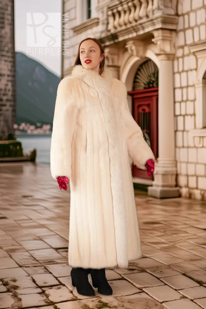 White mink fur coat with red fox-trim accents, high neckline, floor-length, long sleeves