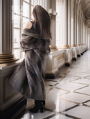 Back view full-length beaver coat with fold-back cuffs, dark taupe