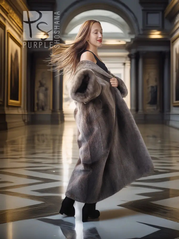 Sheared beaver full-length coat in dark gray with fold-back cuffs and wide collar