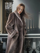 Sheared beaver full-length coat, dark gray, front view with wide collar and button closure