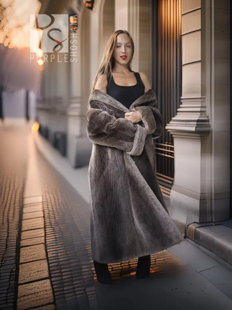 Sheared beaver full-length coat with fold-back cuffs, dark gray, front view