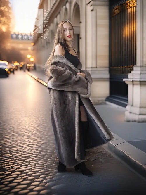 Sheared beaver full-length coat in dark gray with fold-back cuffs and flared hem