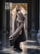 Sheared beaver full-length coat, dark gray, side view with long sleeves and cuffs