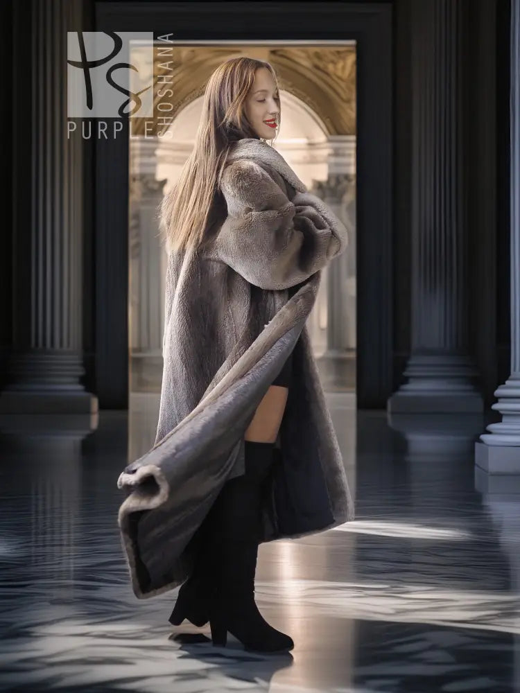 Sheared beaver full-length coat, dark gray, side view with long sleeves and cuffs