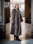 3/4 view full-length beaver coat with notched lapel and fold-back cuffs, dark taupe