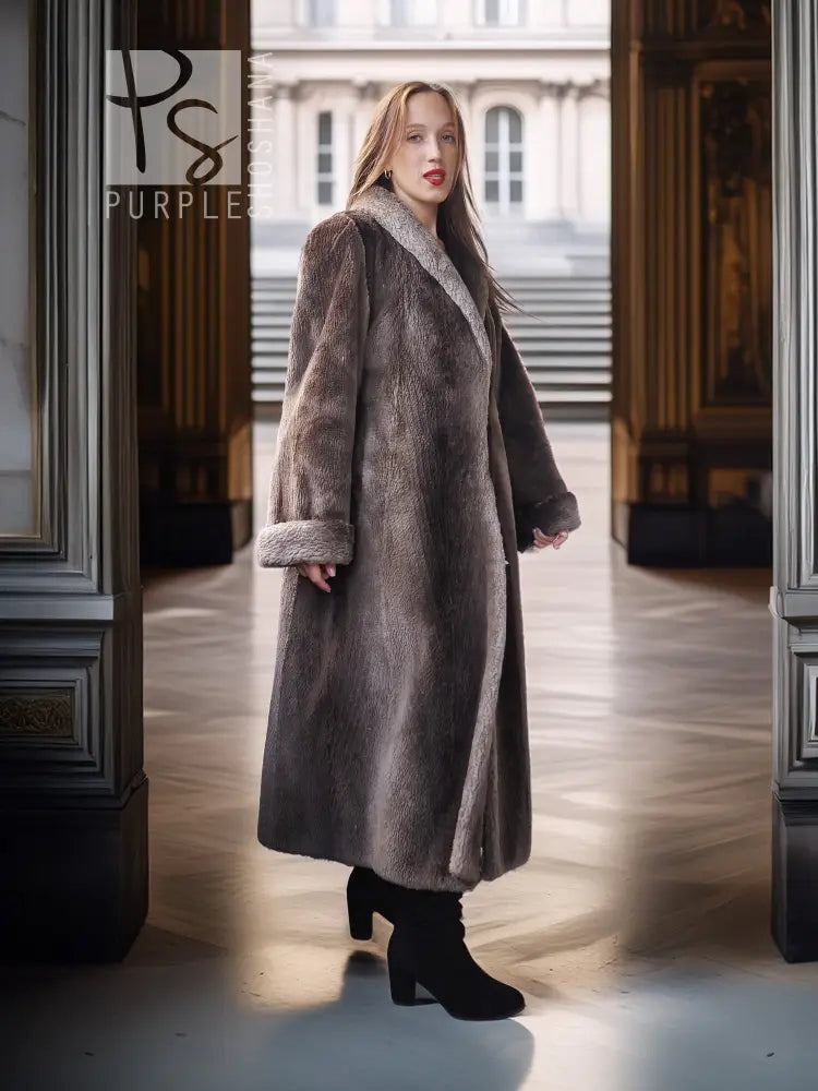 3/4 view full-length beaver coat with notched lapel and fold-back cuffs, dark taupe