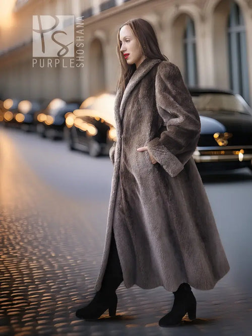 Sheared beaver full-length coat with fold-back cuffs, dark gray, side profile