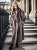 Full-length beaver coat with notched lapel, fold-back cuffs, dark taupe