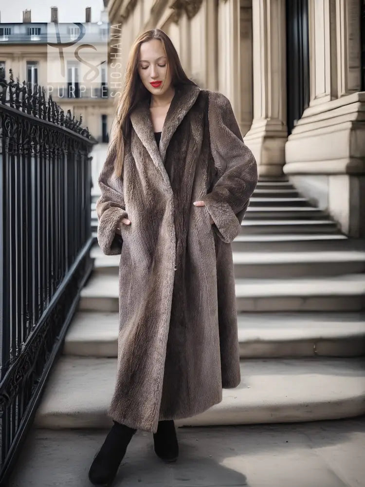 Full-length beaver coat with notched lapel, fold-back cuffs, dark taupe