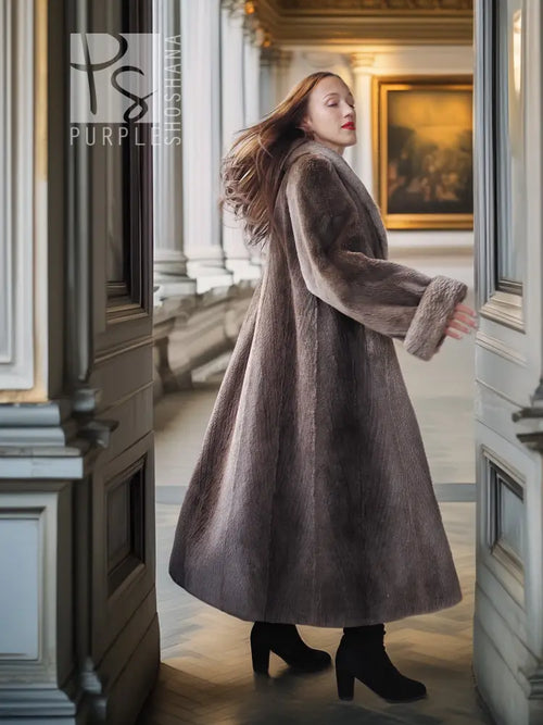 Side view full-length beaver coat with fold-back cuffs, dark taupe