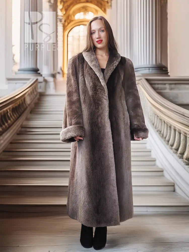 Sheared beaver full-length coat with fold-back cuffs, dark gray, pointed collar