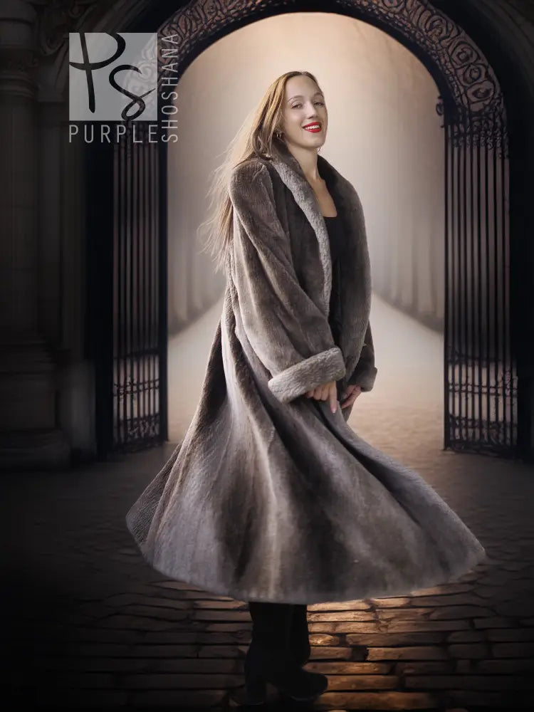 Sheared beaver full-length coat, dark gray, with notched collar and long, soft sleeves