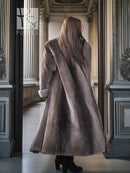 Sheared beaver full-length coat, dark gray, back view with long flared skirt