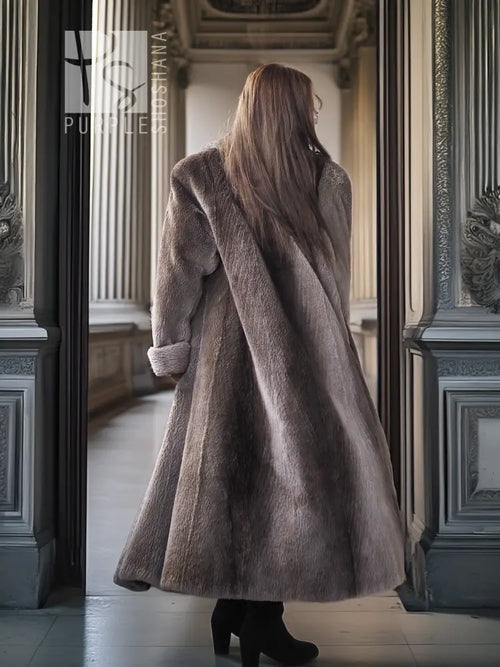 Sheared beaver full-length coat, dark gray, back view with long flared skirt