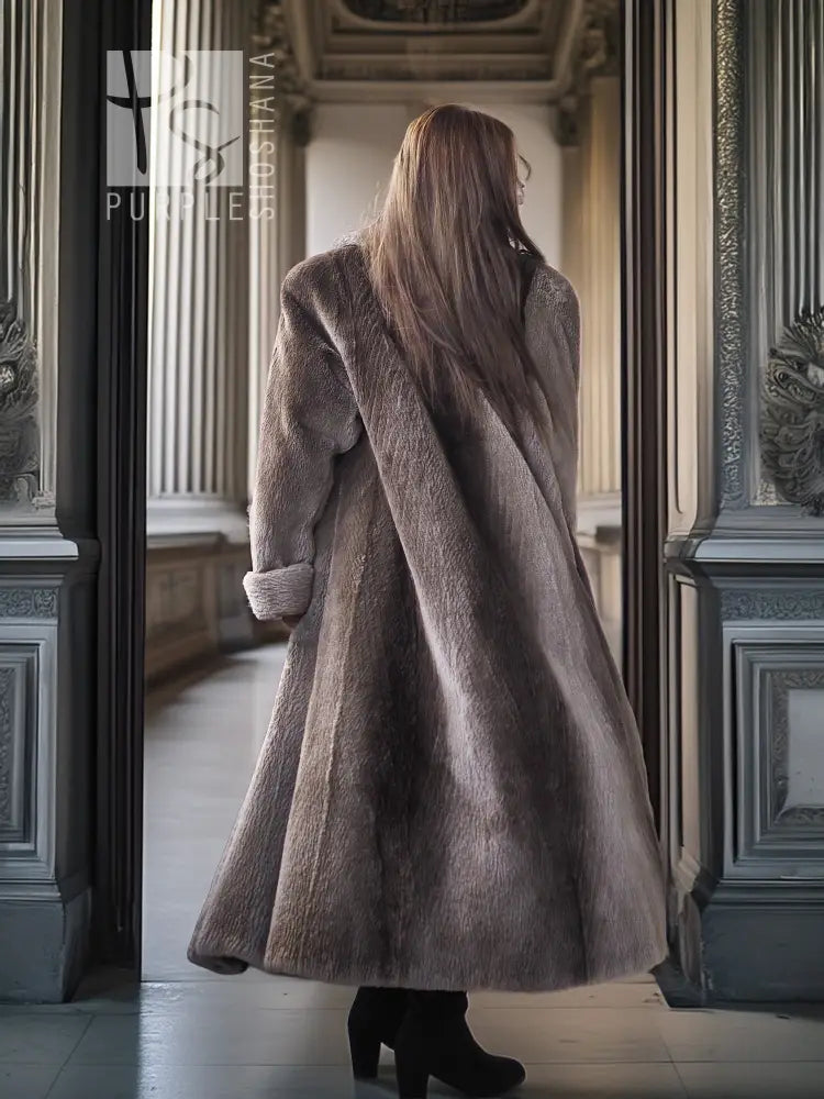 Sheared beaver full-length coat, dark gray, back view with long flared skirt