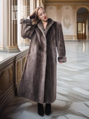 Full-length beaver coat with notched lapel and fold-back cuffs, dark taupe