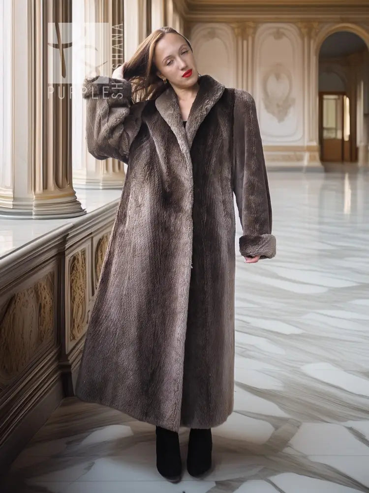 Full-length beaver coat with notched lapel and fold-back cuffs, dark taupe