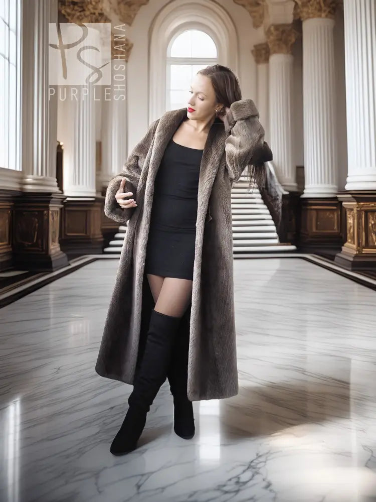 Sheared beaver full-length coat, dark gray, with lapel-style collar and fold-back cuffs