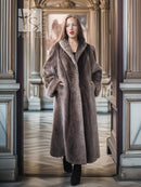 Full-length beaver coat with notched lapel and fold-back cuffs, dark taupe