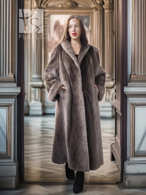 Full-length beaver coat with notched lapel and fold-back cuffs, dark taupe