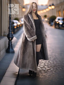 Sheared beaver full-length coat with fold-back cuffs, dark gray, open front