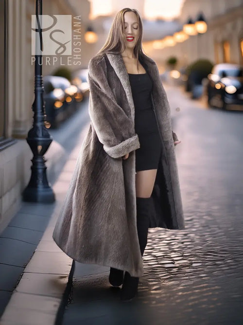 Sheared beaver full-length coat with fold-back cuffs, dark gray, open front
