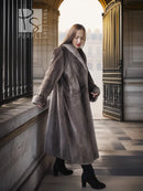 Sheared beaver full-length coat, dark gray, with notched wide collar and long sleeves