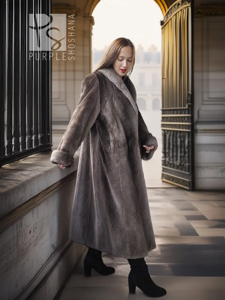 Sheared beaver full-length coat, dark gray, with notched wide collar and long sleeves