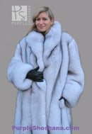 Light blue fox fur coat front detail with stand collar and soft plush texture