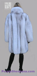 Light blue plush fox fur coat back view with stand collar and full-length fit