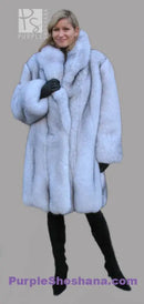 Light blue plush fox fur coat with stand collar and long sleeves