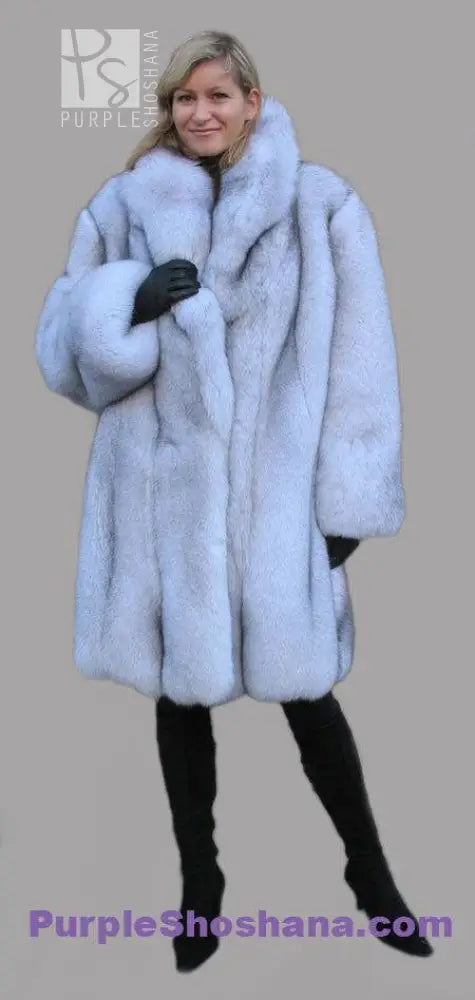 Light blue plush fox fur coat with stand collar and long sleeves