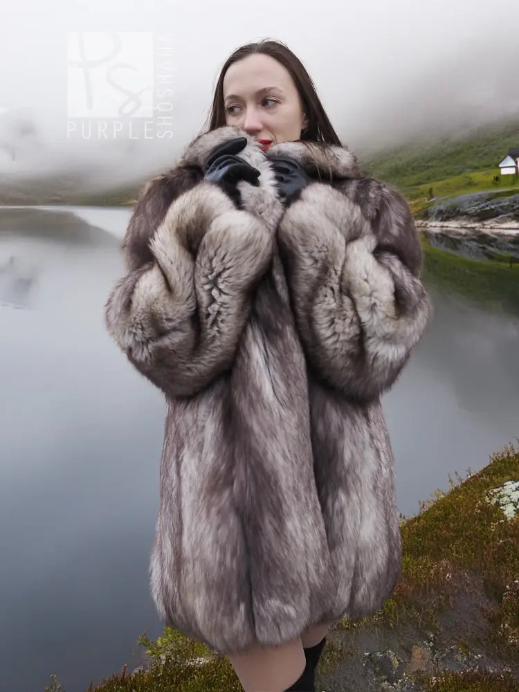 Plush Soft Blue Fox Coat Large shawl Collar Jacket Jackets Brand New M/L