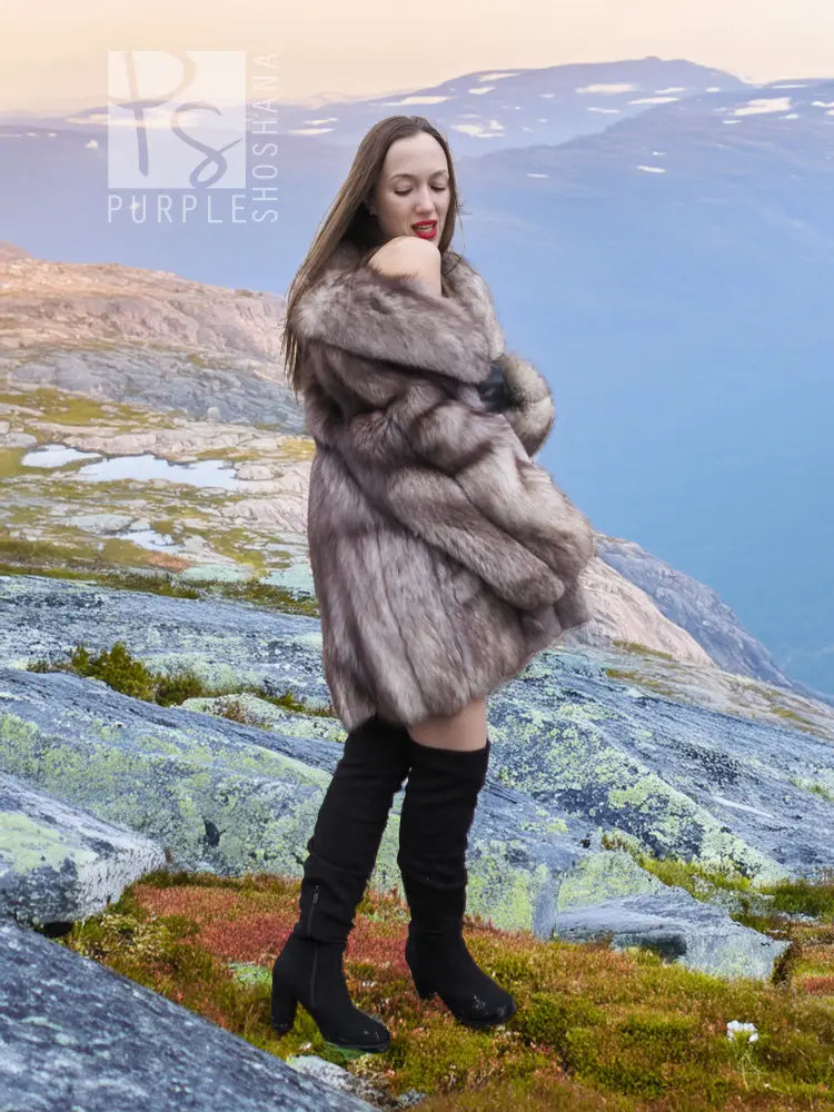 Plush faux fur jacket with shawl collar, voluminous sleeves, open front, long length