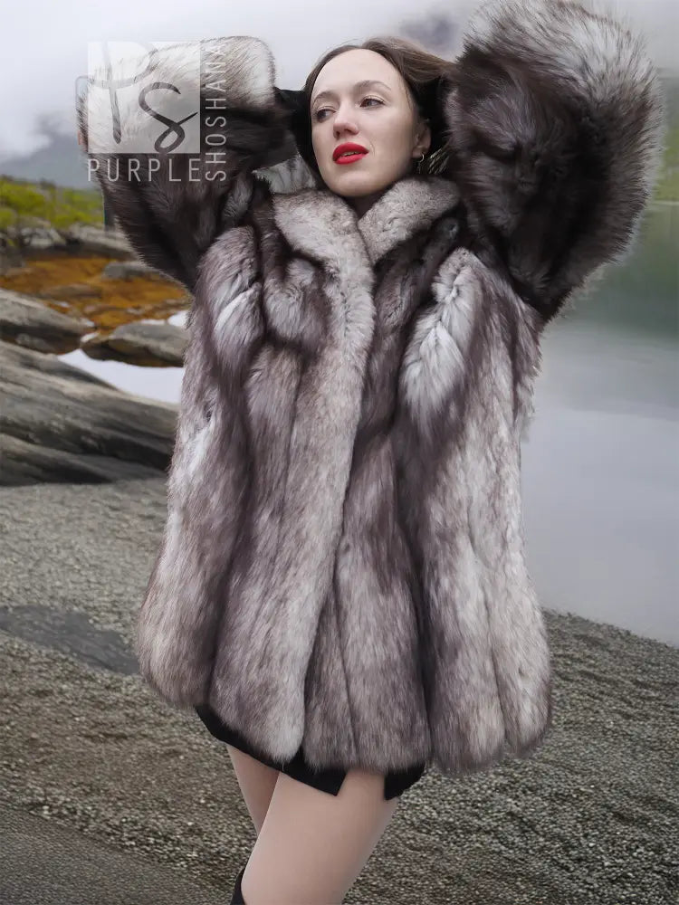 Light gray plush fur coat with shawl collar and wide collar detail, long sleeves