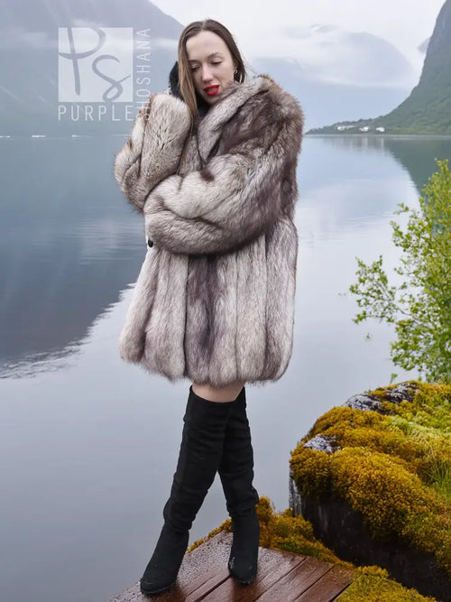 Light gray plush fur coat with shawl collar, long sleeves, full-length silhouette