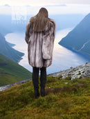 Gray plush fur coat with shawl collar, back view