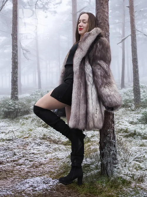 Plush faux fur jacket with wide shawl collar, open front, long sleeves, flared hem
