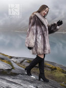 Light gray plush fur coat with shawl collar, long sleeves, and side view