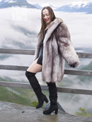 Plush faux fur jacket with shawl collar, open front, long sleeves, draped neckline
