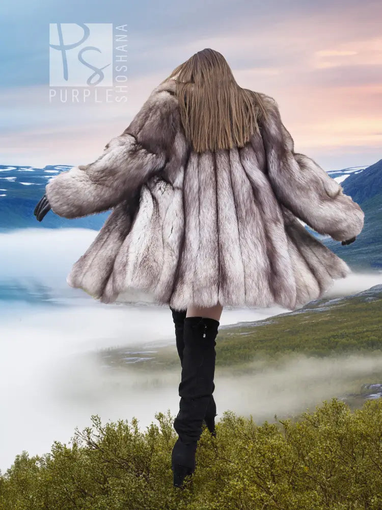 Faux fur fox coat with shawl collar, full-length sleeves, back view