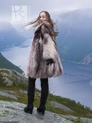 Plush faux fur jacket with shawl collar, open front, long sleeves, knee-length