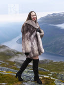 Plush faux fur jacket with shawl collar, open front, long sleeves, flattering cropped shoulders
