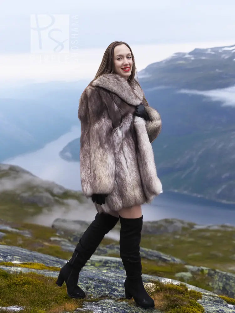 Plush faux fur jacket with shawl collar, open front, long sleeves, flattering cropped shoulders