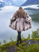 Faux fur fox coat with shawl collar and oversized sleeves, back view