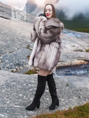 Plush faux fur jacket with shawl collar, open front, thick textured fur, long sleeves