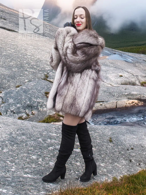 Plush faux fur jacket with shawl collar, open front, thick textured fur, long sleeves