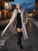 Gray-brown plush fur coat with shawl collar, open front, long length, front view
