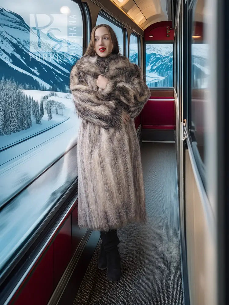 Large plush fur coat with shawl collar, gray-brown, long sleeves and straight hem